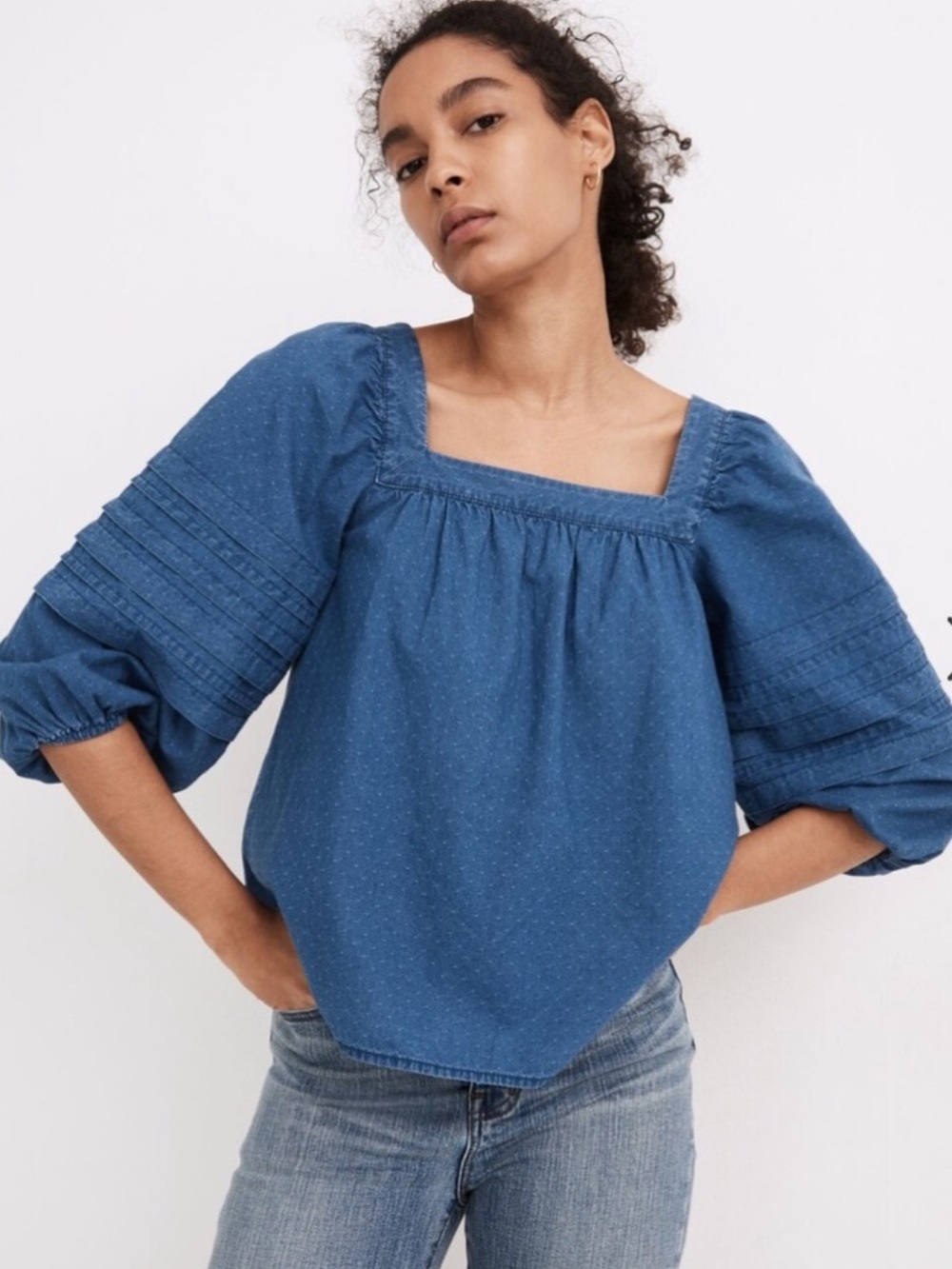 Madewell Square Neck Denim Chambray Balloon Sleeve Top XL
